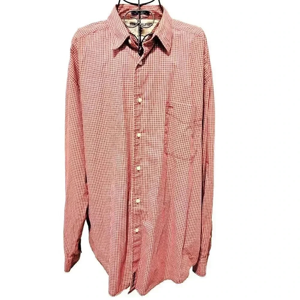 Tommy Hilfiger Button Up Shirt XL Men's Red White Check Long Sleeve 100% Cotton